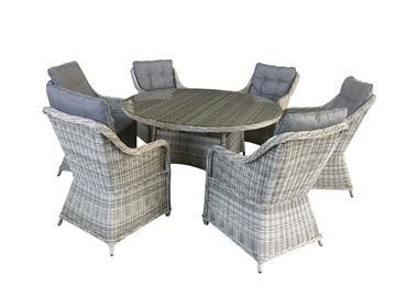 Havesæt model Sevilla. 6 stole + ø150cm bord i mixed gråt rundt polyrattan.